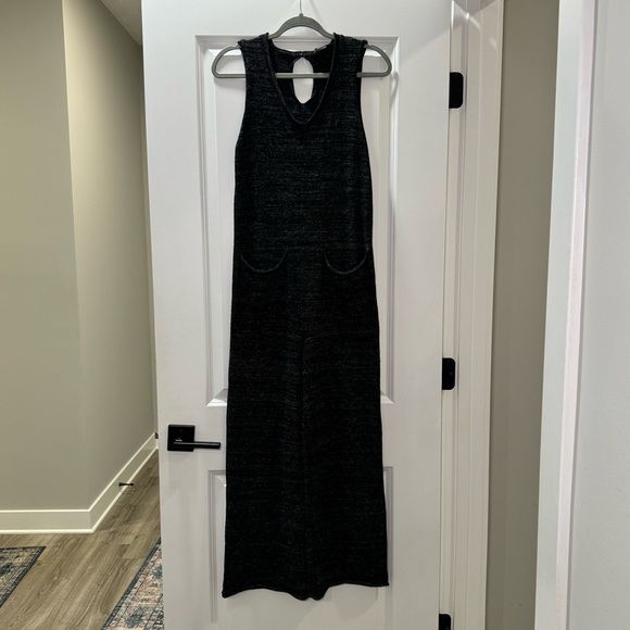 Zara Knit Sleeveless V-Neck Jumpsuit Women Size Medium Gray Linen Blend Pockets - Picture 3 of 16